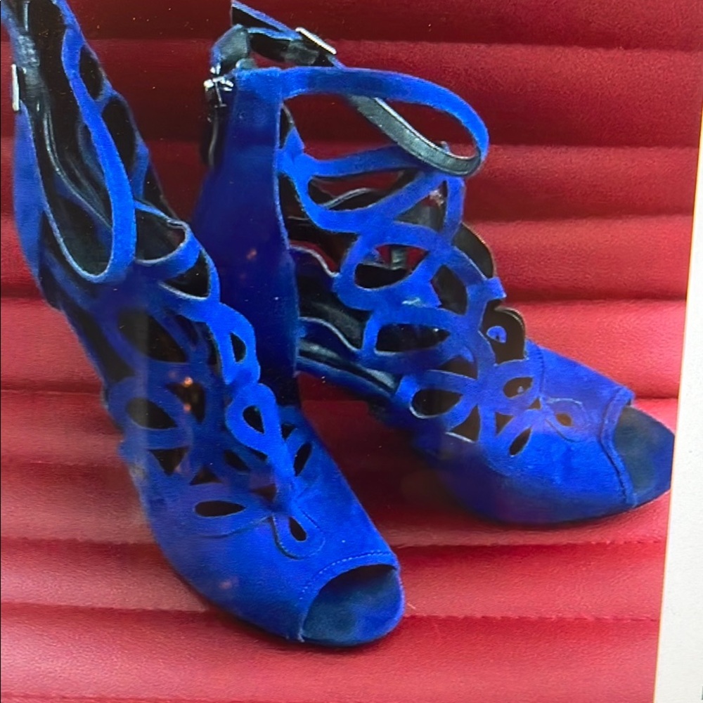 Heart Soul Blue Stiletto Suede like Heels with Peep-Toe Design. - Picture 3 of 3